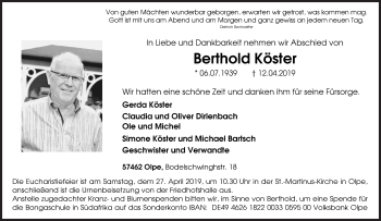 Traueranzeige von Berthold Köster von Siegener Zeitung