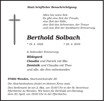 Traueranzeige von Berthold Solbach von Siegener Zeitung