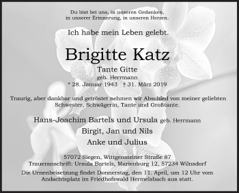 Traueranzeige von Brigitte Katz von Siegener Zeitung