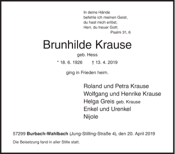 Traueranzeige von Brunhilde Krause von Siegener Zeitung