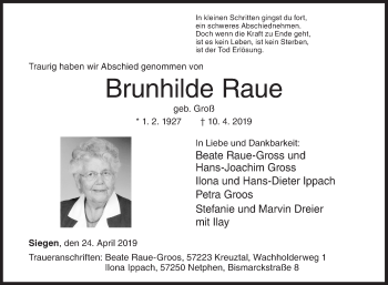 Traueranzeige von Brunhilde Raue von Siegener Zeitung