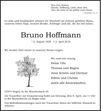 Traueranzeige von Bruno Hoffmann von Siegener Zeitung