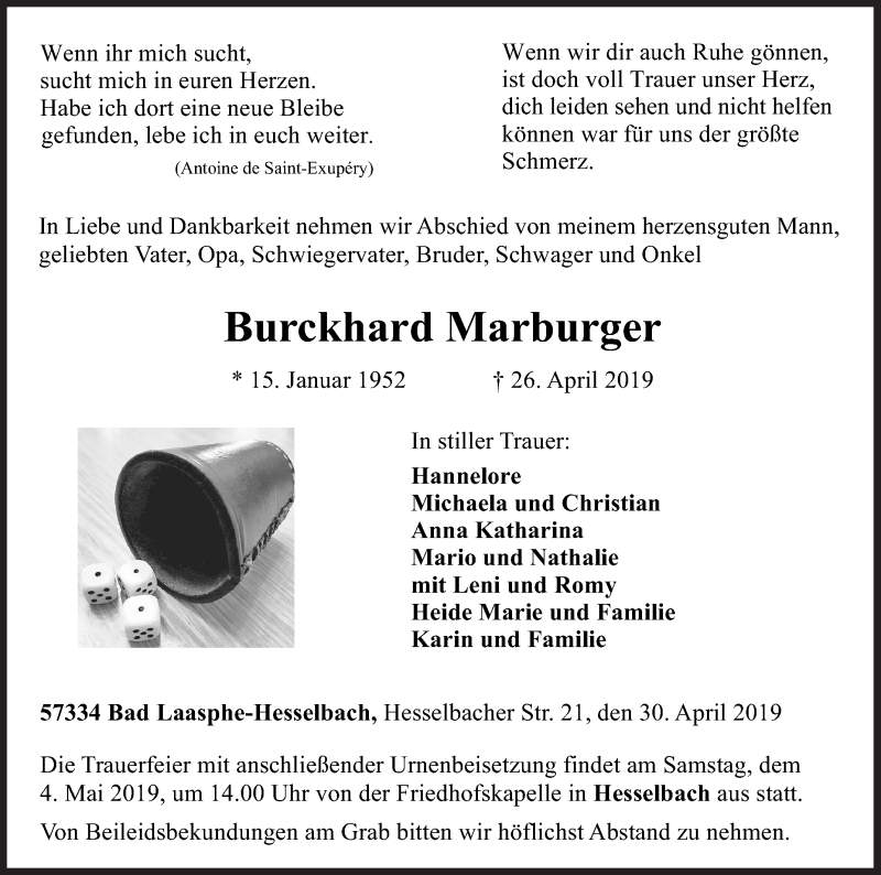  Traueranzeige für Burckhard Marburger vom 30.04.2019 aus Siegener Zeitung