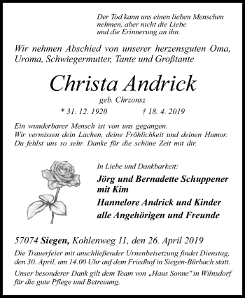Traueranzeige von Christa Andrick von Siegener Zeitung