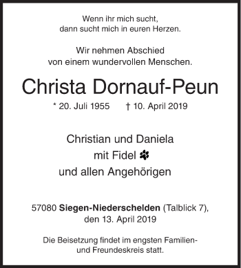 Traueranzeige von Christa Dornauf-Peun von Siegener Zeitung