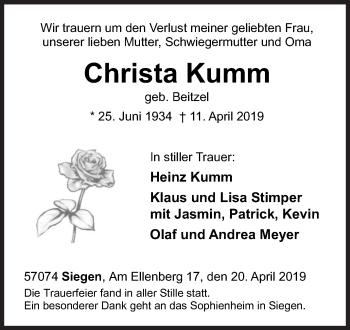 Traueranzeige von Christa Kumm von Siegener Zeitung