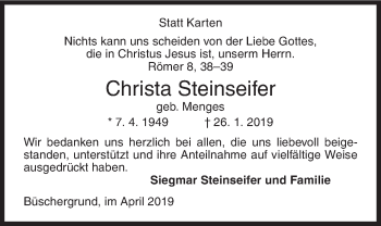 Traueranzeige von Christa Steinseifer von Siegener Zeitung