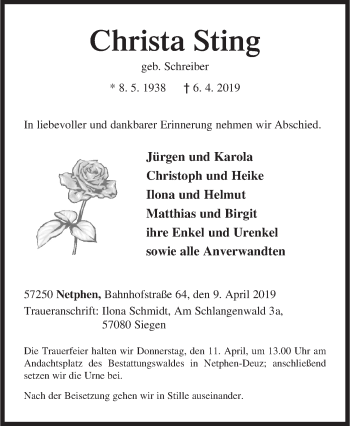 Traueranzeige von Christa Sting von Siegener Zeitung