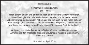 Traueranzeige von Christel Braukmann von Siegener Zeitung