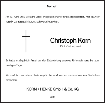 Traueranzeige von Christoph Korn von Siegener Zeitung