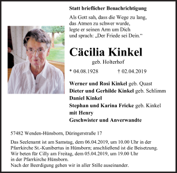Traueranzeige von Cäcilia Kinkel von Siegener Zeitung