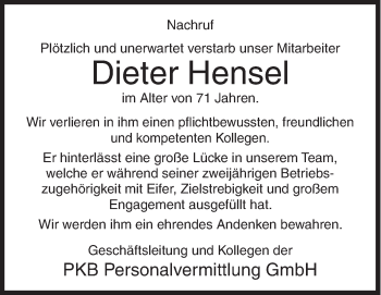 Traueranzeige von Dieter Hensel von Siegener Zeitung