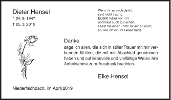 Traueranzeige von Dieter Hensel von Siegener Zeitung
