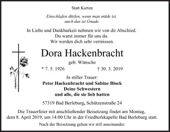 Traueranzeige von Dora Hackenbracht von Siegener Zeitung