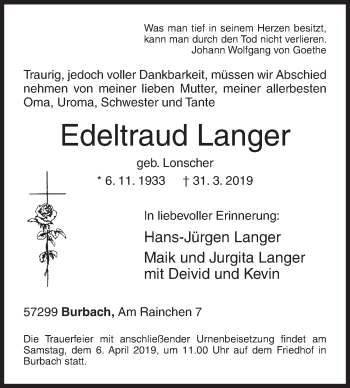 Traueranzeige von Edeltraud Langer von Siegener Zeitung