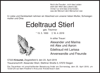 Traueranzeige von Edeltraud Stierl von Siegener Zeitung