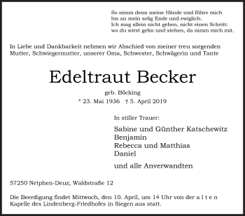 Traueranzeige von Edeltraut Becker von Siegener Zeitung