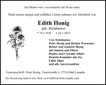 Traueranzeige von Edith Honig von Siegener Zeitung