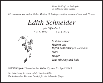 Traueranzeige von Edith Schneider von Siegener Zeitung