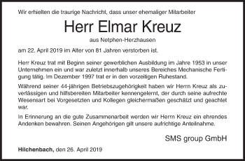 Traueranzeige von Elmar Kreuz von Siegener Zeitung