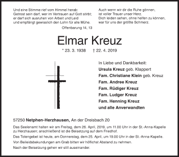 Traueranzeige von Elmar Kreuz von Siegener Zeitung
