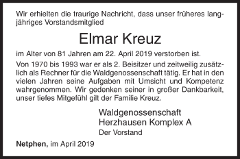 Traueranzeige von Elmar Kreuz von Siegener Zeitung