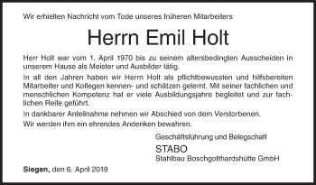 Traueranzeige von Emil Holt von Siegener Zeitung