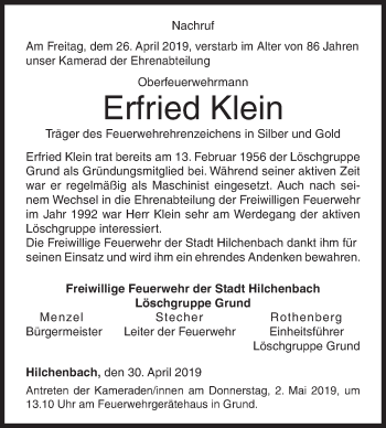 Traueranzeige von Erfried Klein von Siegener Zeitung