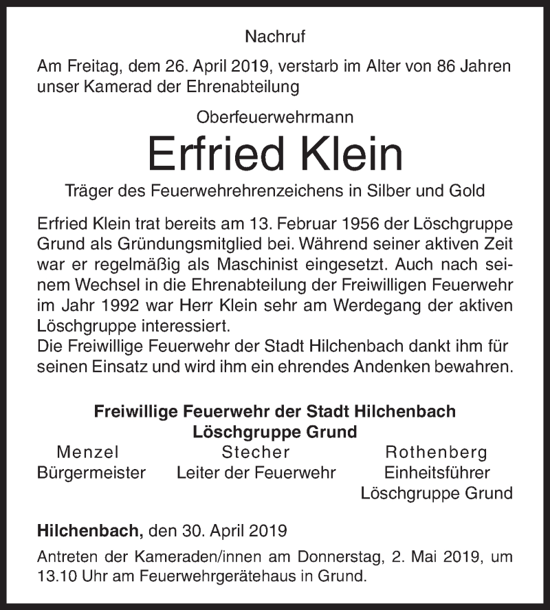  Traueranzeige für Erfried Klein vom 30.04.2019 aus Siegener Zeitung