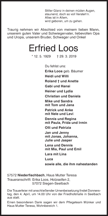 Traueranzeige von Erfried Loos von Siegener Zeitung