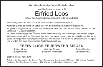 Traueranzeige von Erfried Loos von Siegener Zeitung
