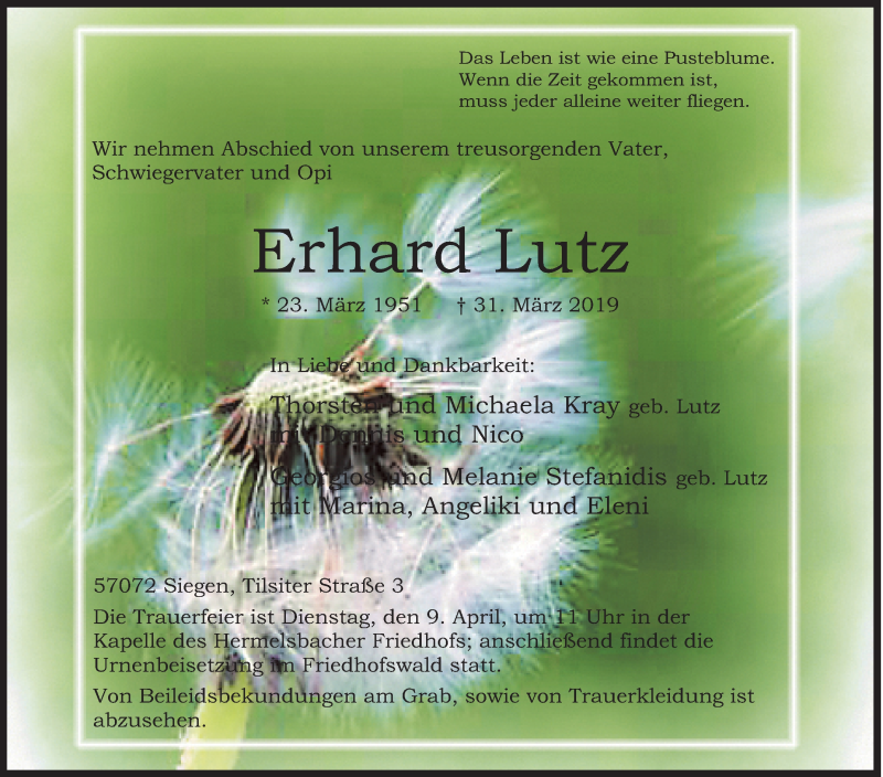  Traueranzeige für Erhard Lutz vom 03.04.2019 aus Siegener Zeitung