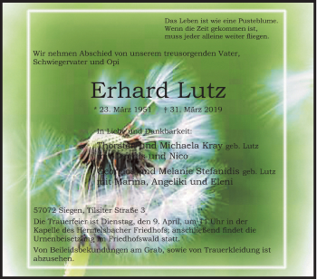 Traueranzeige von Erhard Lutz von Siegener Zeitung