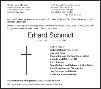 Traueranzeige von Erhard Schmidt von Siegener Zeitung