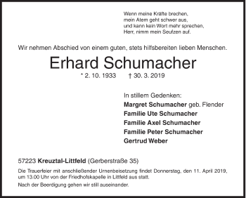 Traueranzeige von Erhard Schumacher von Siegener Zeitung