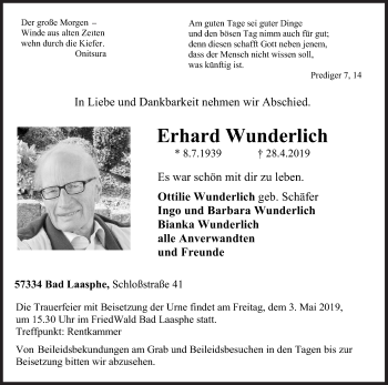 Traueranzeige von Erhard Wunderlich von Siegener Zeitung