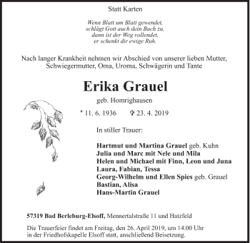 Traueranzeige von Erika Grauel von Siegener Zeitung