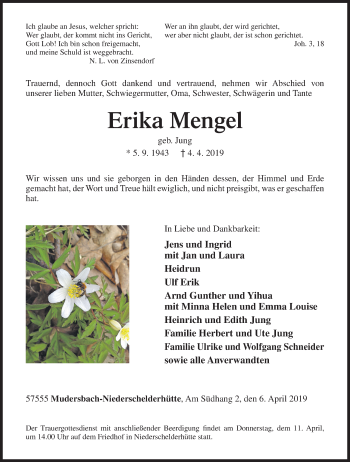 Traueranzeige von Erika Mengel von Siegener Zeitung