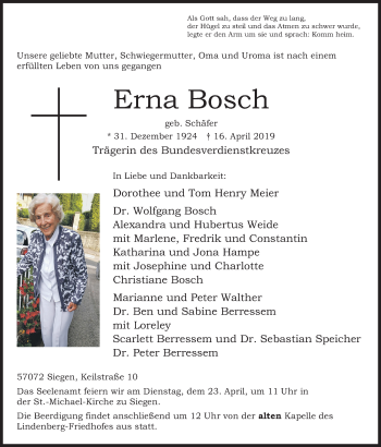 Traueranzeige von Erna Bosch von Siegener Zeitung