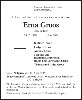 Traueranzeige von Erna Groos von Siegener Zeitung