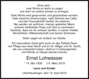 Traueranzeige von Ernst Lohwasser von Siegener Zeitung