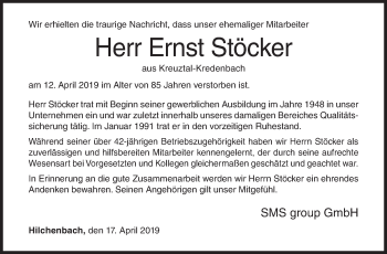 Traueranzeige von Ernst Stöcker von Siegener Zeitung
