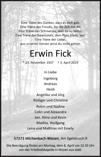 Traueranzeige von Erwin Fick von Siegener Zeitung