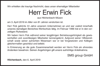 Traueranzeige von Erwin Fick von Siegener Zeitung