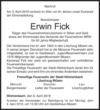 Traueranzeige von Erwin Fick von Siegener Zeitung