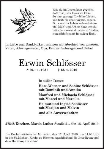 Traueranzeige von Erwin Schlösser von Siegener Zeitung