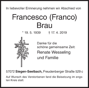 Traueranzeige von Francesco Brau von Siegener Zeitung