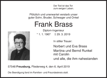 Traueranzeige von Frank Brass von Siegener Zeitung