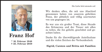 Traueranzeige von Franz Hof von Siegener Zeitung