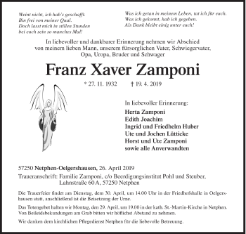 Traueranzeige von Franz Xaver Zamponi von Siegener Zeitung